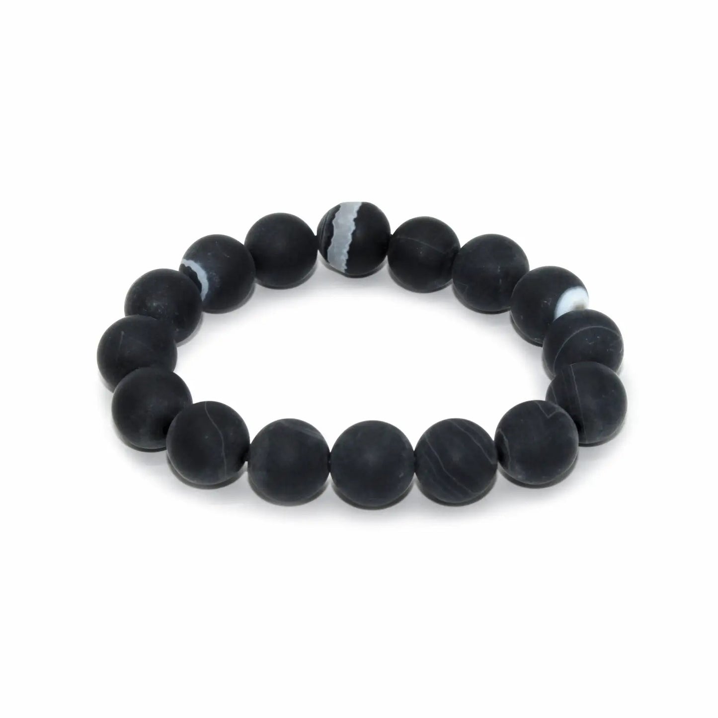 🔴 Bracelet - Matte Black Striped Agate 12mm.