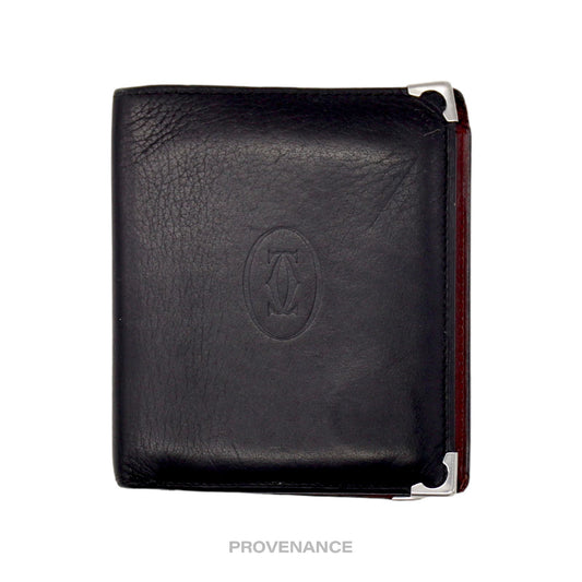 🔴 Cartier Trifold Wallet - Black & Burgundy Calfskin Leather