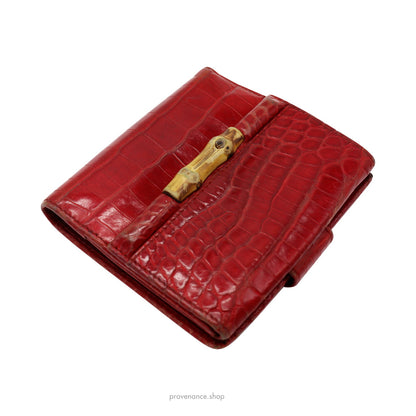 🔴 Gucci Bamboo Trifold Wallet - Red Crocodile Leather