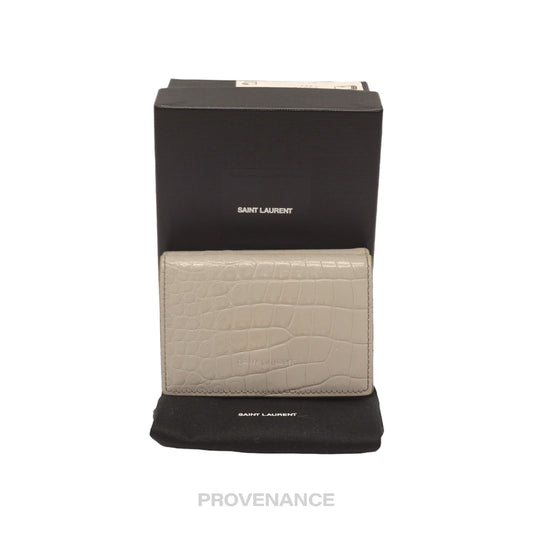 🔴 Saint Laurent Paris SLP Compact Snap Card Wallet - Gray Croc Leather