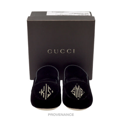 🔴 Gucci "KISS ME" Baby Loafers - Black Velvet/Suede