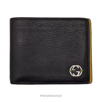 🔴 Gucci GG Logo Bifold Wallet - Black/Yellow Leather