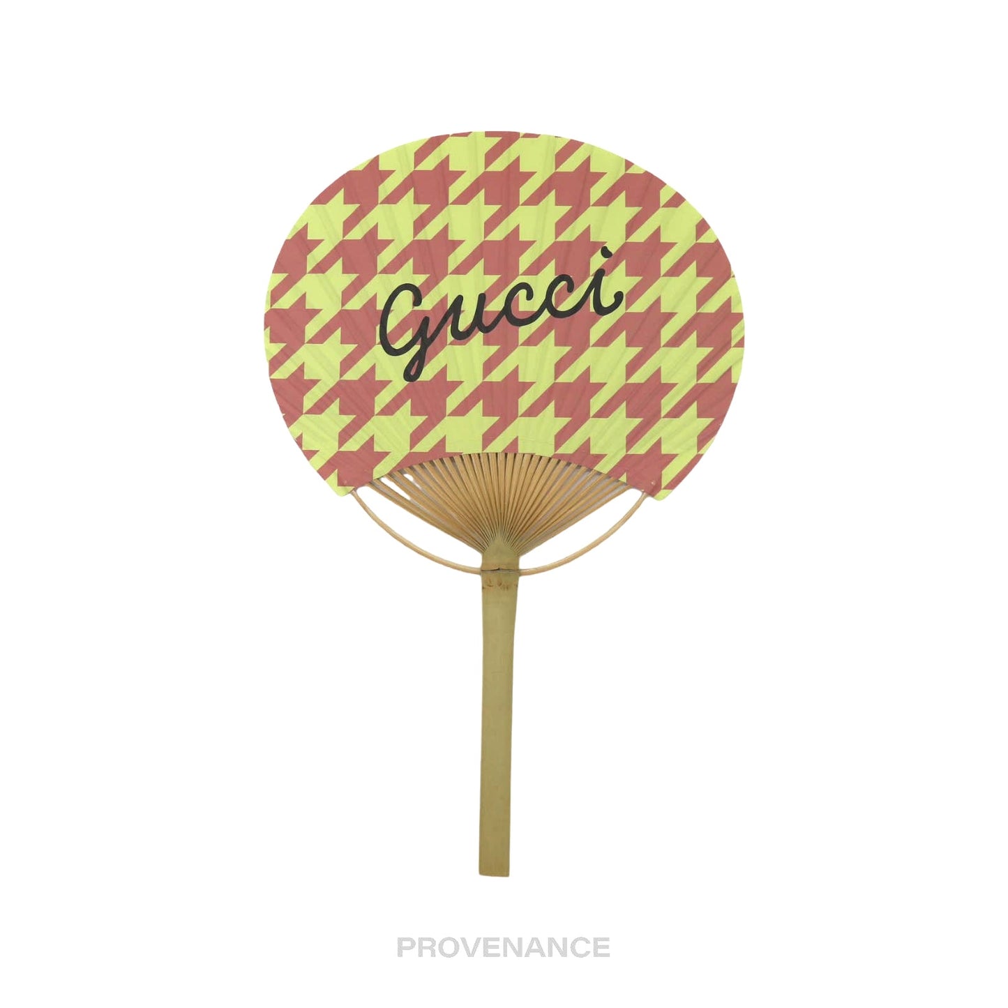 🔴 Gucci Logo Bamboo Hand Fan - Houndstooth Pink Yellow