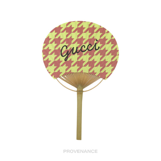 🔴 Gucci Logo Bamboo Hand Fan - Houndstooth Pink Yellow