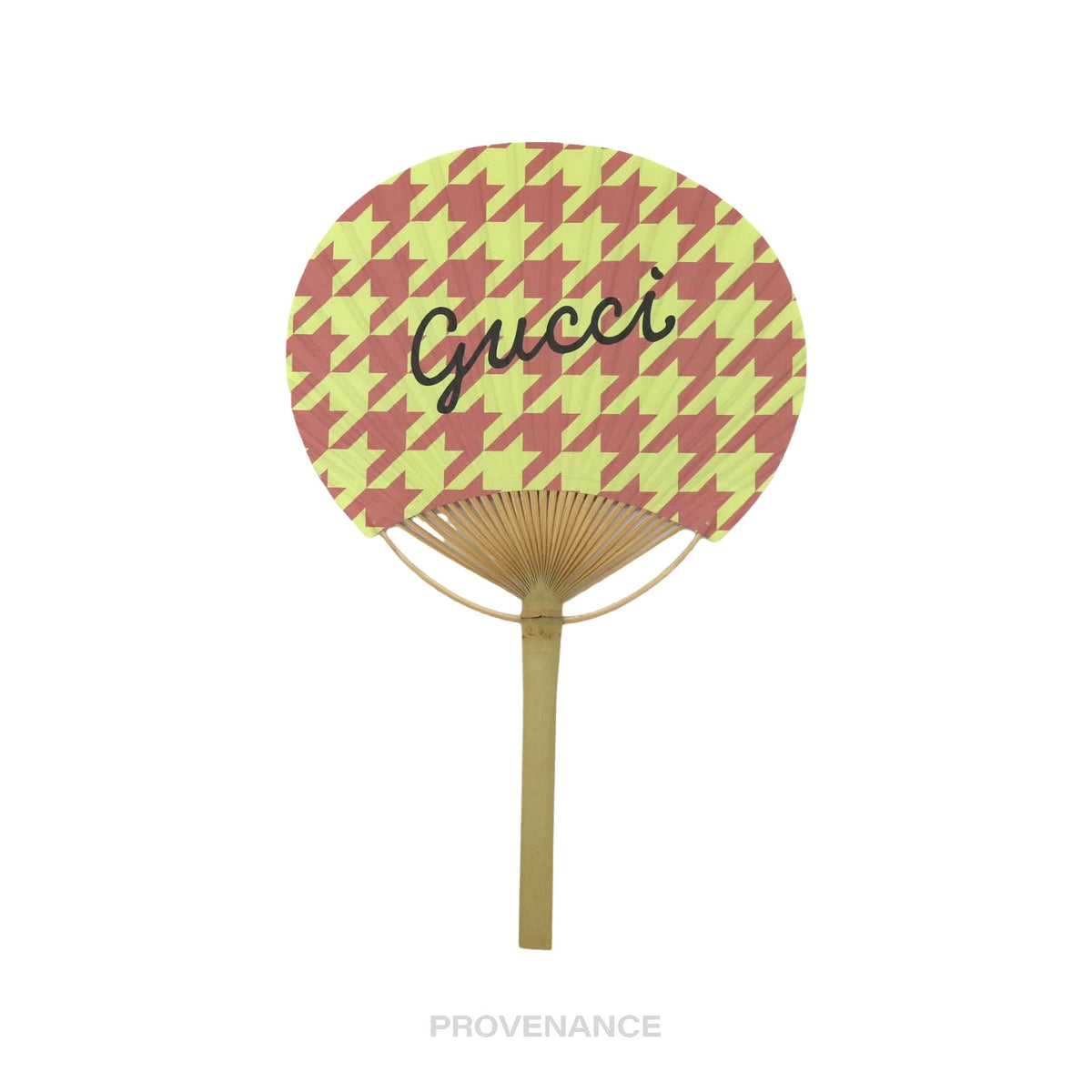 🔴 Gucci Logo Bamboo Hand Fan - Houndstooth Pink Yellow