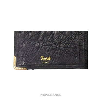 🔴 Gucci Long Wallet - Black Ostrich Leather