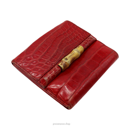 🔴 Gucci Bamboo Trifold Wallet - Red Crocodile Leather