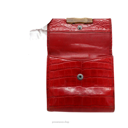 🔴 Gucci Bamboo Trifold Wallet - Red Crocodile Leather