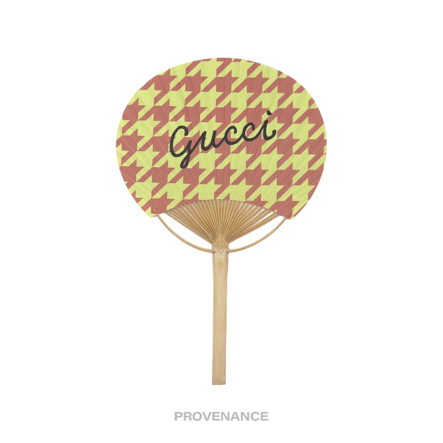 🔴 Gucci Logo Bamboo Hand Fan - Houndstooth Pink Yellow