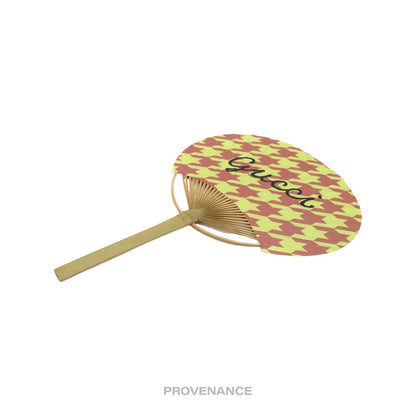 🔴 Gucci Logo Bamboo Hand Fan - Houndstooth Pink Yellow