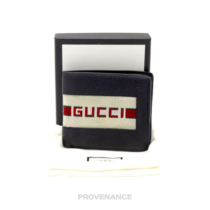 🔴 Gucci Logo Stripe Web Bifold Wallet - Black Leather