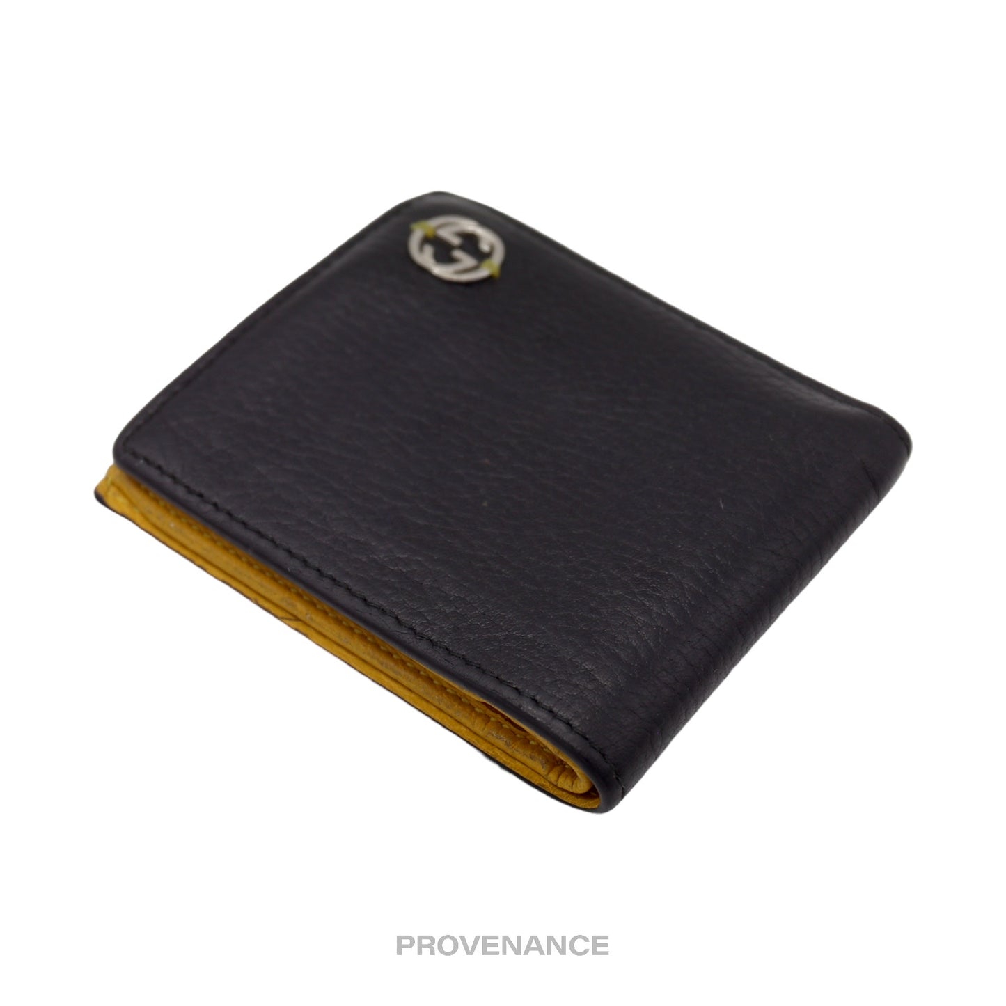 🔴 Gucci GG Logo Bifold Wallet - Black/Yellow Leather