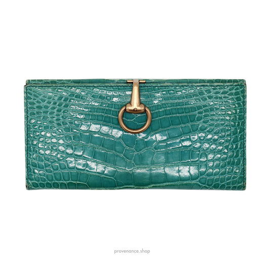 🔴 Gucci Horsebit Long Wallet - Turquoise Crocodile Leather