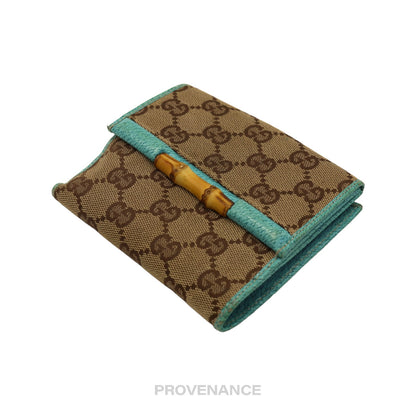 🔴 Gucci Bamboo Trifold Wallet - GG Canvas Turquoise