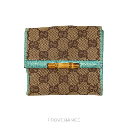 🔴 Gucci Bamboo Trifold Wallet - GG Canvas Turquoise