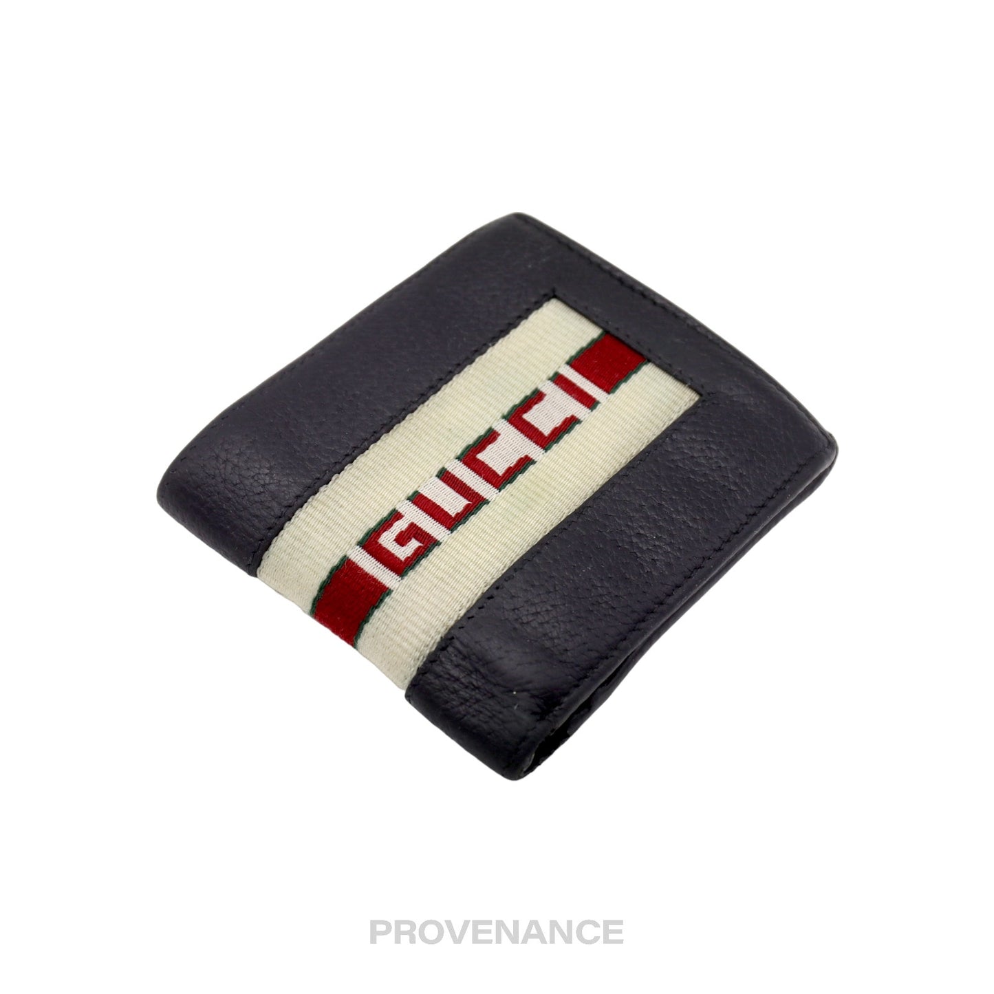 🔴 Gucci Logo Stripe Web Bifold Wallet - Black Leather